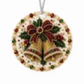 Round Christmas diamond-painting ornament with gold bells, a red-green bow and silver chain - Christmas Bell / 1 Piece