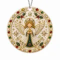 Round angel Christmas ornament with pearl, gold bead and red-green gem details, plus a silver hanging chain - Christmas Angel / 1 Piece