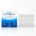 24-piece sticky ear cleaner kit with clear cleaning sticks on a heart-shaped holder beside its box - 24 Pieces/Pack / Clear