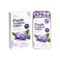 Purple peppermint toothpaste tablets, 90-count box and open tin showing the tablet contents - 58.5g/90 Tablets / Purple