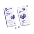 Purple peppermint toothpaste tablets in a carton and metal tin, with loose tablets shown - 63g/90 Tablets