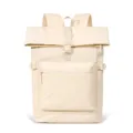 Zaino color crema con chiusura arrotolata, tasca frontale con zip e fibbia metallica, visto di fronte - sotto i 20L / Beige