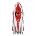Mini remote-control racing boat in red, white, and silver, shown upright from the front. - Red