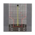 Gray building-block airport baseplate with printed runway, taxiways, and aircraft model labels - Airport
