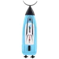 Blue plastic RC toy speedboat with white deck, black pointed bow and twin rear propellers - Blue