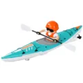 Turquoise and white toy kayak with a helmeted rider, sunglasses, life vest and double paddle - Blue