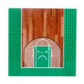 Green interlocking building block baseplate with a printed woodgrain basketball court design - Basketball Court