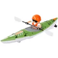 Green and white toy rowing kayak with a figure in an orange helmet, sunglasses and twin paddles - Green