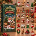 Overzicht van 24 kleurrijke mini-kersthangers van bouwsteentjes naast hun adventskalenderdoos - Kerst Bouwstenen Blind Box / 24-delige set