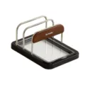 Stainless steel kitchen lid holder with wood-look handle, black base and clear drip tray - Black