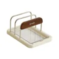 Kitchen lid holder rack with ivory base, steel dividers, clear tray and brown wooden bar - White
