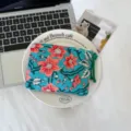 Pochette zippée en coton bleu turquoise, imprimée de fleurs roses et rouges, avec tirette tressée verte - Bleu-Vert avec Fleurs Rouges