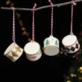 Mini vintage metal drum Christmas tree ornaments with white, gold, red and green painted designs - Set 2 (6 Ornaments)
