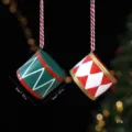 Hanging Christmas drum ornaments, one green and one red-and-white diamond design with gold trim - Set 1 (3 Ornaments)