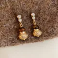 Pendiente de Botón Estilo Ojo de Tigre Vintage / Dorado y Marrón