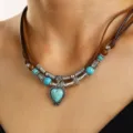 Heart Turquoise Multi-layer Leather Cord Style (12 Antique Silver Tone WG-0267)