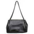 Bolso negro de hombro de piel sintética, con solapa y cadena plateada trenzada con cuero - Negro