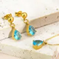 Blue Water Drop Necklace Earrings Set (RT325XL-blue+RT325EH-blue) / 18K Gold