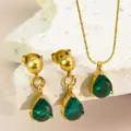 Green Water Drop Necklace Earrings Set (RT325XL-green+RT325EH-green) / 18K Gold