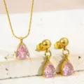 Pink Water Drop Necklace Earrings Set (RT325XL-pink+RT325EH-pink) / 18K Gold