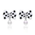 Bow-knot Artificial Pearl Drop Earrings (C152) / White Gold