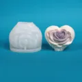 Rose-shaped heart silicone candle mold with a finished purple rose candle and size details - Rose Heart Style (JZB-0708)