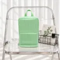 Green-and-white striped fabric bag with a top handle and zipper, displayed on a clear chair - Green