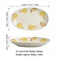 Boven- en zijaanzicht van een matte witte ovale keramische schaal met peren, 31,5 × 19 cm - Peer (12 Inch Visbord)