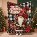View of a Christmas gnome print, Merry Christmas lettering, and black-and-white plaid blanket - 60x40cm / Black/White Plaid Gnome (FMTA277504)