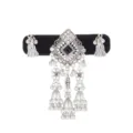 Silver-toned ornament with a black square stone, clear rhinestones, bells and dangling tassels - Black