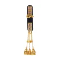 Detail view of gold filigree, pink rhinestones, and dangling bell tassels on a black velvet base - Pink (H20003)