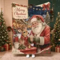 Christmas flannel blanket with Santa, a reindeer and cocoa, shown held up in a festive room - 60x40cm / Santa and Deer Pattern (FMTA277501)