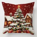 Tela roja con árbol de Navidad nevado, casas de pueblo, adornos coloridos y regalos envueltos - 35x35cm (Solo Funda) / Estilo Árbol de Navidad (Pattern 3)