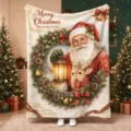 Vintage Christmas flannel blanket with Santa, reindeer and festive wreath on a beige background - Vintage Santa Illustration (FMTA277505)