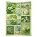 Couverture en flanelle verte, avec collage floral de roses, marguerites, tulipes et paysages encadrés - Style Peinture à l'huile Florale 02 (FMTA113602) / 60x40cm