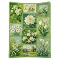 Plaid en flanelle verte, composé de fleurs blanches en patchwork et de scènes peintes à l’huile - Style Romantique Français 06 (FMTA113606)