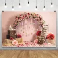 Pink floral arch photography backdrop cloth displayed with hanging hearts and romantic flower props - Pink Flower Arch Style (X-DABJ102) / 95x75cm