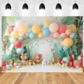 Birthday party photo backdrop with a pastel balloon arch and woodland animal decorations - Forest Animal Party Style (X-DABJ104) / 95x75cm