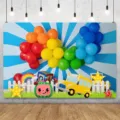 Childrenβs birthday party backdrop cloth with rainbow balloon arch, bus and colorful decorations - Rainbow Balloon Bus Style (X-DABJ103) / 95x75cm