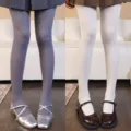 Girls' ribbed knit tights in gray-purple and milk white, shown with skirts and shoes - Bottoms / 2 Pieces/Pack / Milky White + Dark Gray
