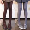 Ribbed vertical-stripe tights in coffee brown and gray-purple, styled with skirts and Mary Jane shoes - Bottoms / 2 Pieces/Pack / Coffee + Dark Gray