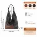Sac cabas en cuir noir et brun, avec coutures patchwork, pompon et indications de dimensions - Noir