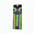 Flat lay showing green, yellow and purple striped straps, metal clips and a black Y-shaped connector - Tri-Color Striped Suspenders (PE1010SDA) / 3.5cm*100cm