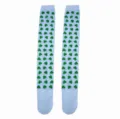 Pair of light blue knee-high socks with green shamrock print, shown side by side on white - Knee-High Socks / Light Blue Green Shamrock Socks