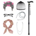 Ensemble de Perruque Bouclée Grise (Avec Lunettes À Monture Noire Écharpe Léopard Et Canne)
