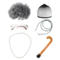 Ensemble de Perruque Bouclée Blanc Grisâtre (Avec Lunettes +1,5 Degré Et Canne Gonflable)