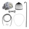 Ensemble de Perruque Chignon Blanc Grisâtre (Avec Lunettes Oeil De Chat Et Canne Noire)