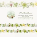 Green and white floral PET decorative tape with lilies, orchids and leaves in a repeating strip pattern - Wind-stained Leaves (4)