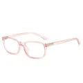 Transparente rosa Kunststoffbrille mit klaren Gläsern und Metallakzenten, schräg von vorn gezeigt - Transparent Rosa