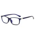 Blaulichtfilterbrille mit blauem eckigem Kunststoffgestell, klaren Gläsern und Metallakzenten - Dunkelblauer Rahmen